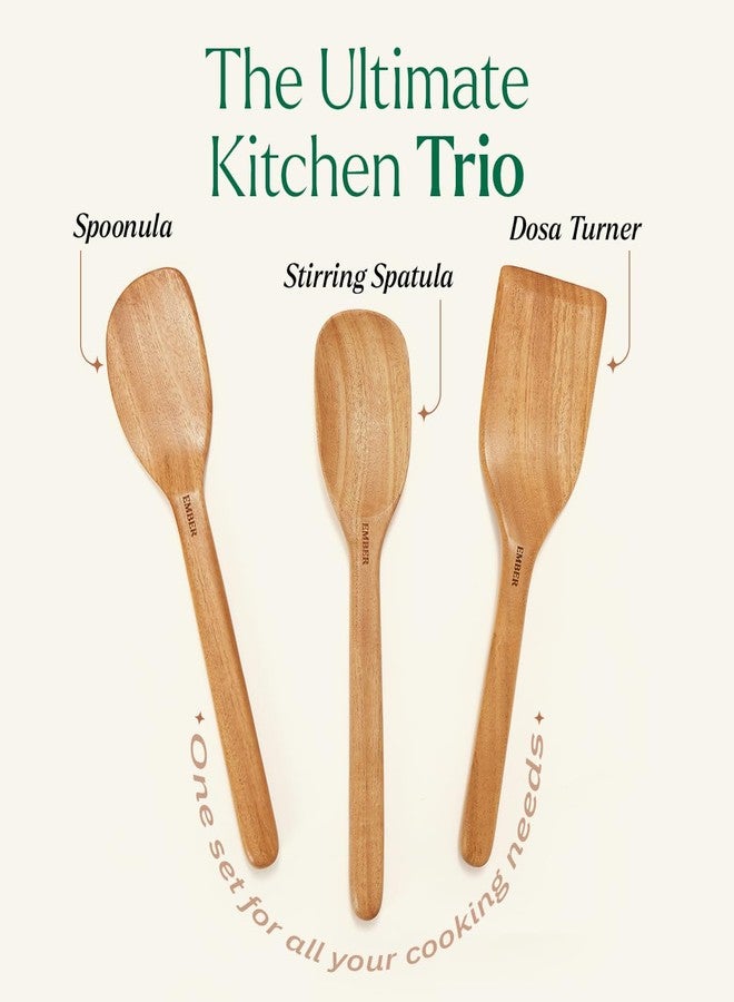 Ember Cookware طقم ملاعق خشبية من إمبر كوكوير - أدوات طهي من خشب النيم (مجموعة من 3 قطع) | معتمد من هيئة المواصفات والمقاييس الهندية | أدوات مطبخ صديقة للبيئة ومتينة | مقاومة للحرارة ولا تخدش - Image 4